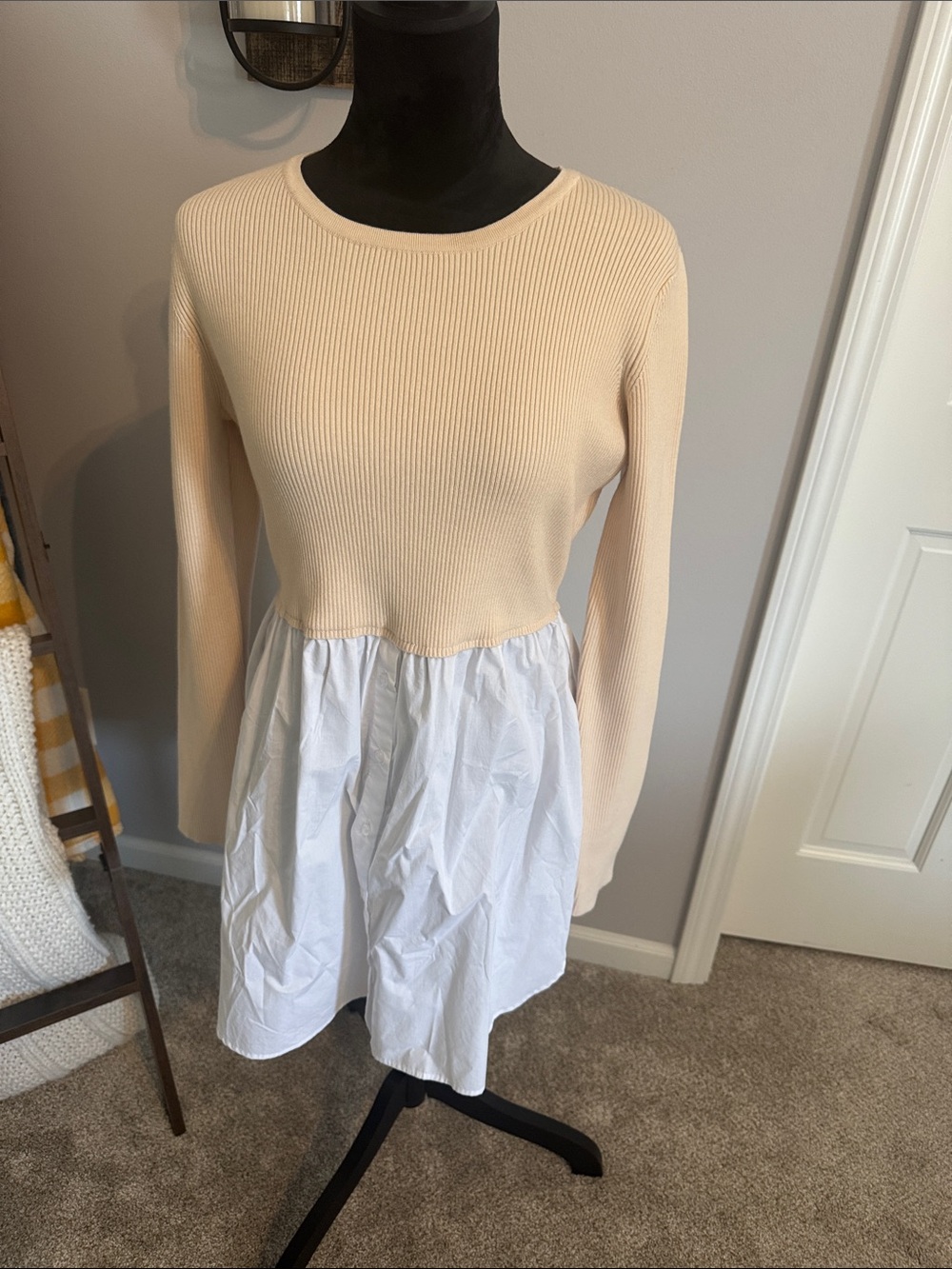 English Factory Cream Ribbed Knit Sweater with White Poplin Skirt
